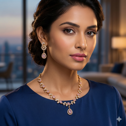 Premium Soft Pink & Gold Leaf Artisan Necklace Set