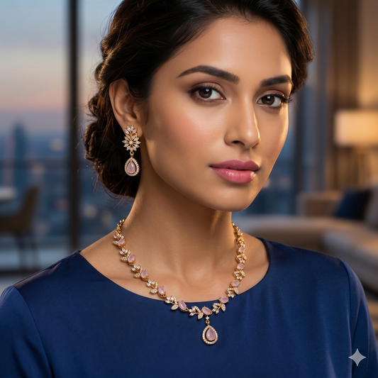 Premium Soft Pink & Gold Leaf Artisan Necklace Set