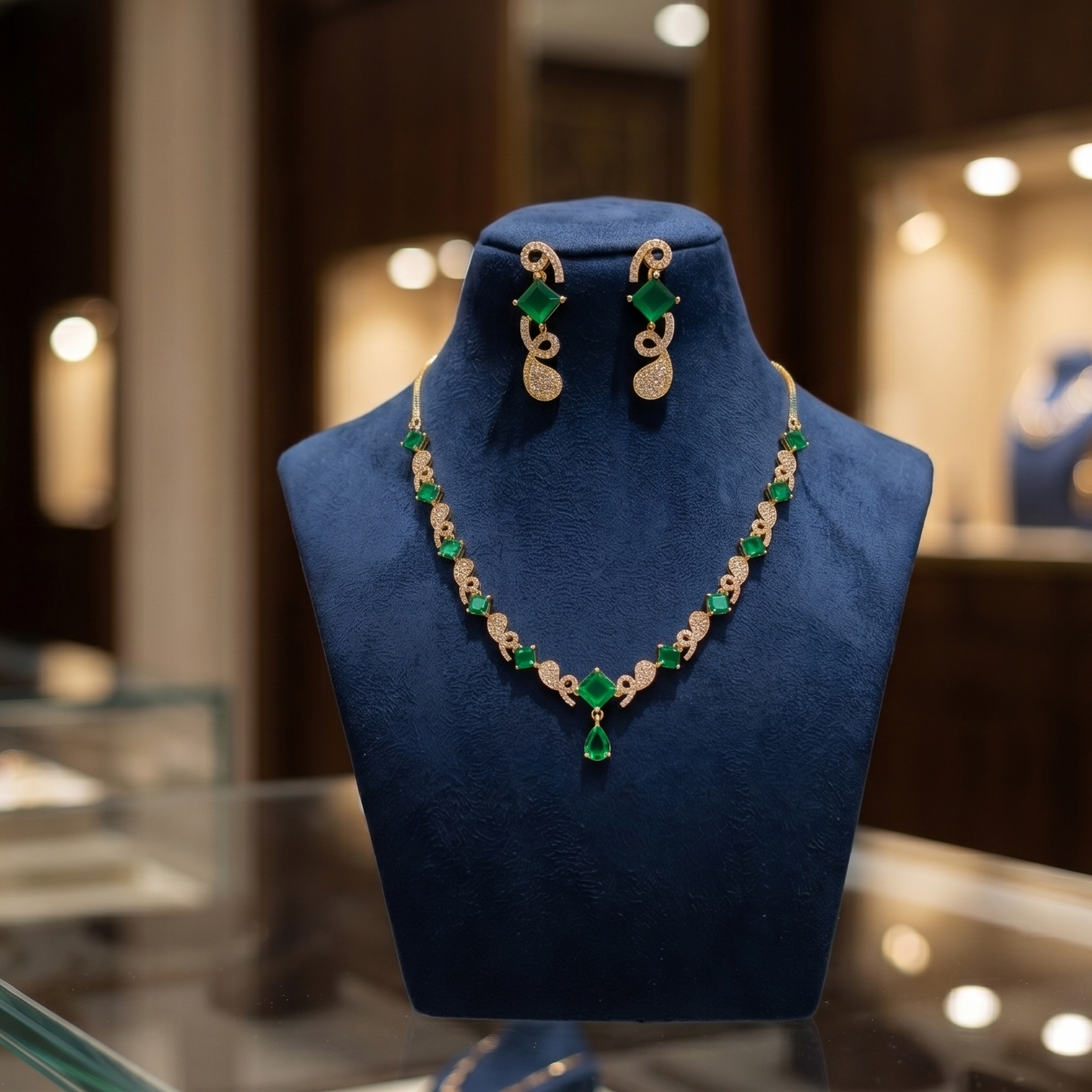 Emerald Elegance: Timeless Gold & American Diamond Set