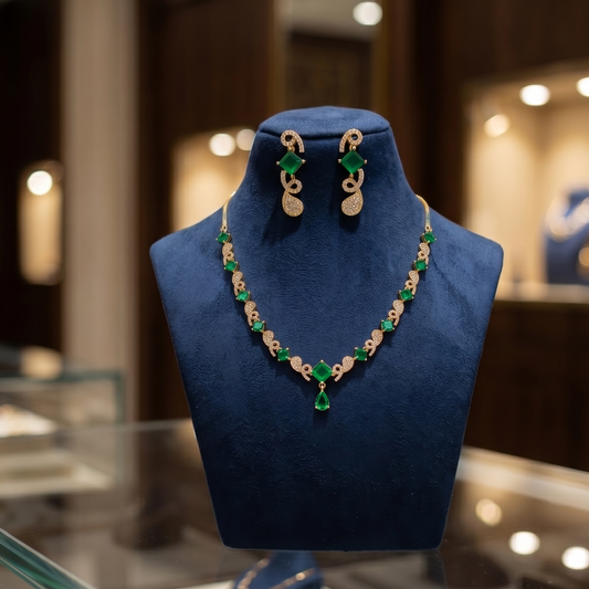 Emerald Elegance: Timeless Gold & American Diamond Set