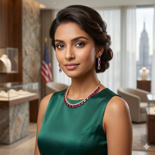 The Crimson Grace Set: Handcrafted Ruby-Pink and American Diamond Necklace with Matching Earrings
