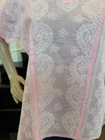 Roshanara – Rose Pink Chikankari Short Sleeve Kurta | A Blossom of Elegance 🌸