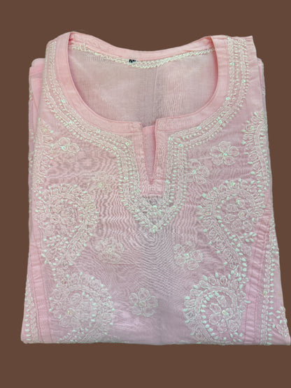 Roshanara – Rose Pink Chikankari Short Sleeve Kurta | A Blossom of Elegance 🌸