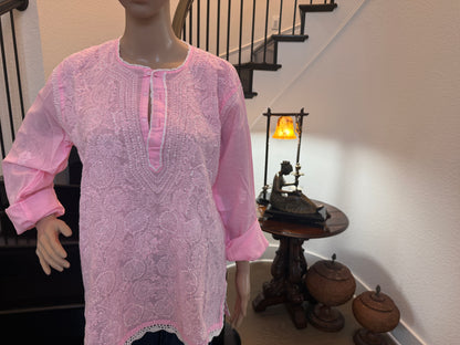 Rosabelle – Light Rose Chikankari Short Sleeve Kurta | A Touch of Soft Radiance 🌸