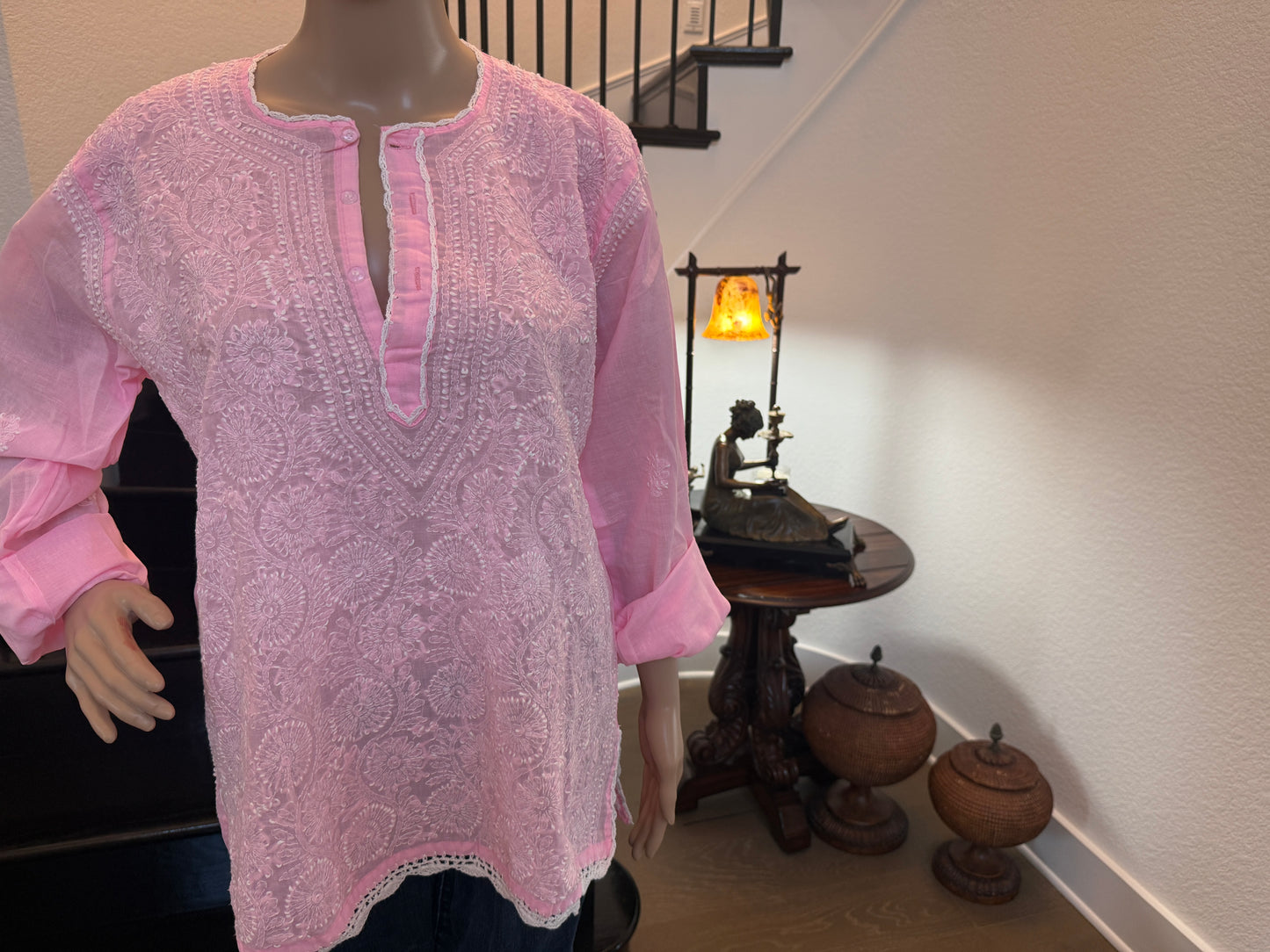 Rosabelle – Light Rose Chikankari Short Sleeve Kurta | A Touch of Soft Radiance 🌸