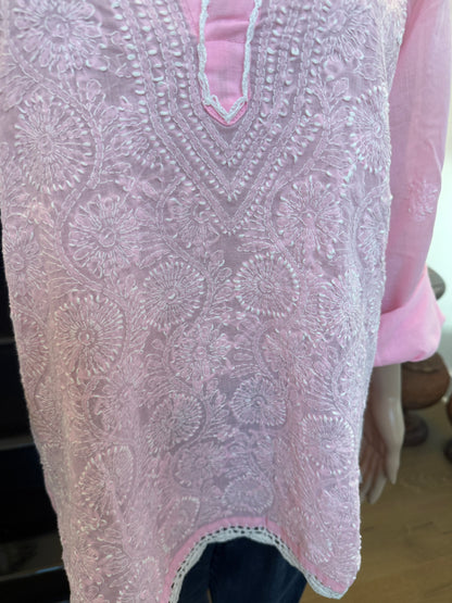 Rosabelle – Light Rose Chikankari Short Sleeve Kurta | A Touch of Soft Radiance 🌸