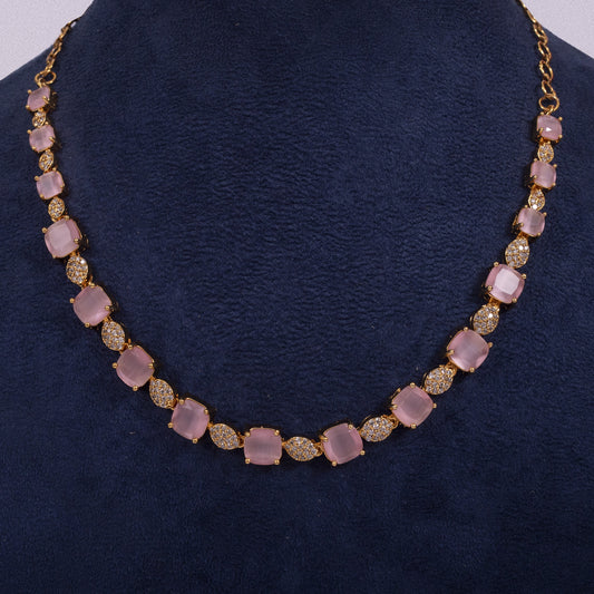 Elegant Rose Quartz & American Diamond Accented Choker Set