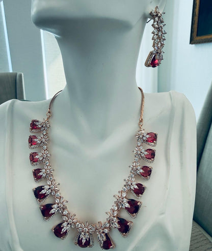 Ruby Red Teardrop Stone Necklace & Earrings Set