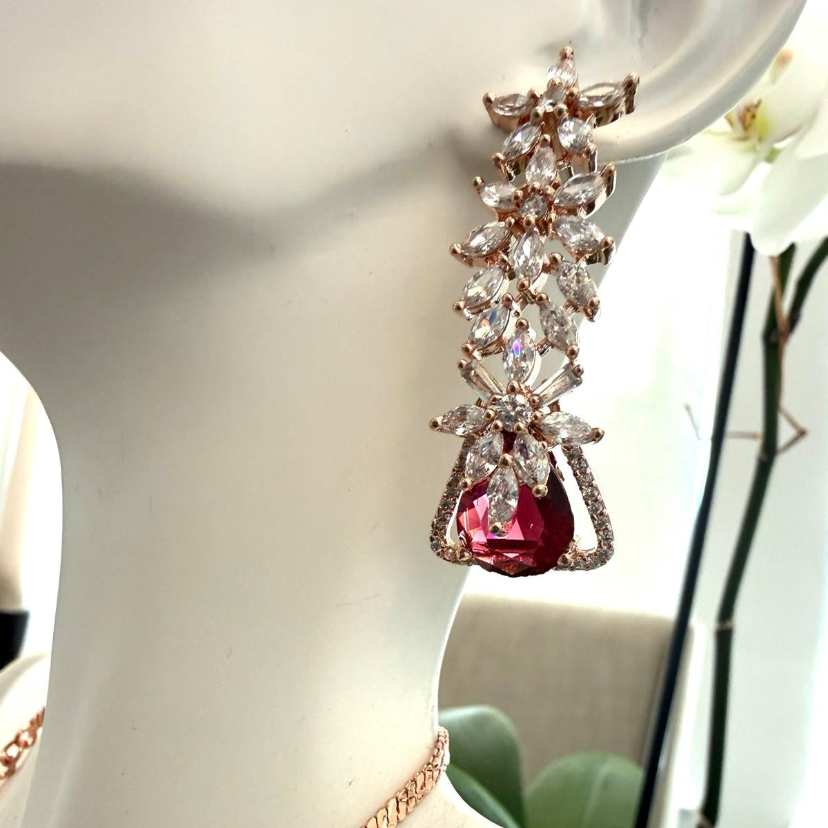 Ruby Red Teardrop Stone Necklace & Earrings Set