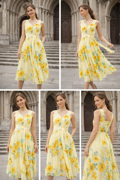 Yellow Floral Tieup Dress