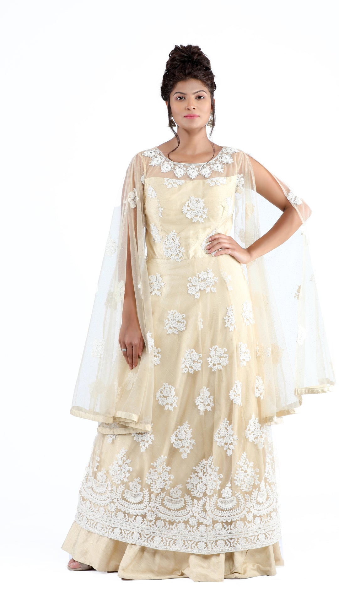 Meghna Cream Bell Sleeve Embroidery Dress