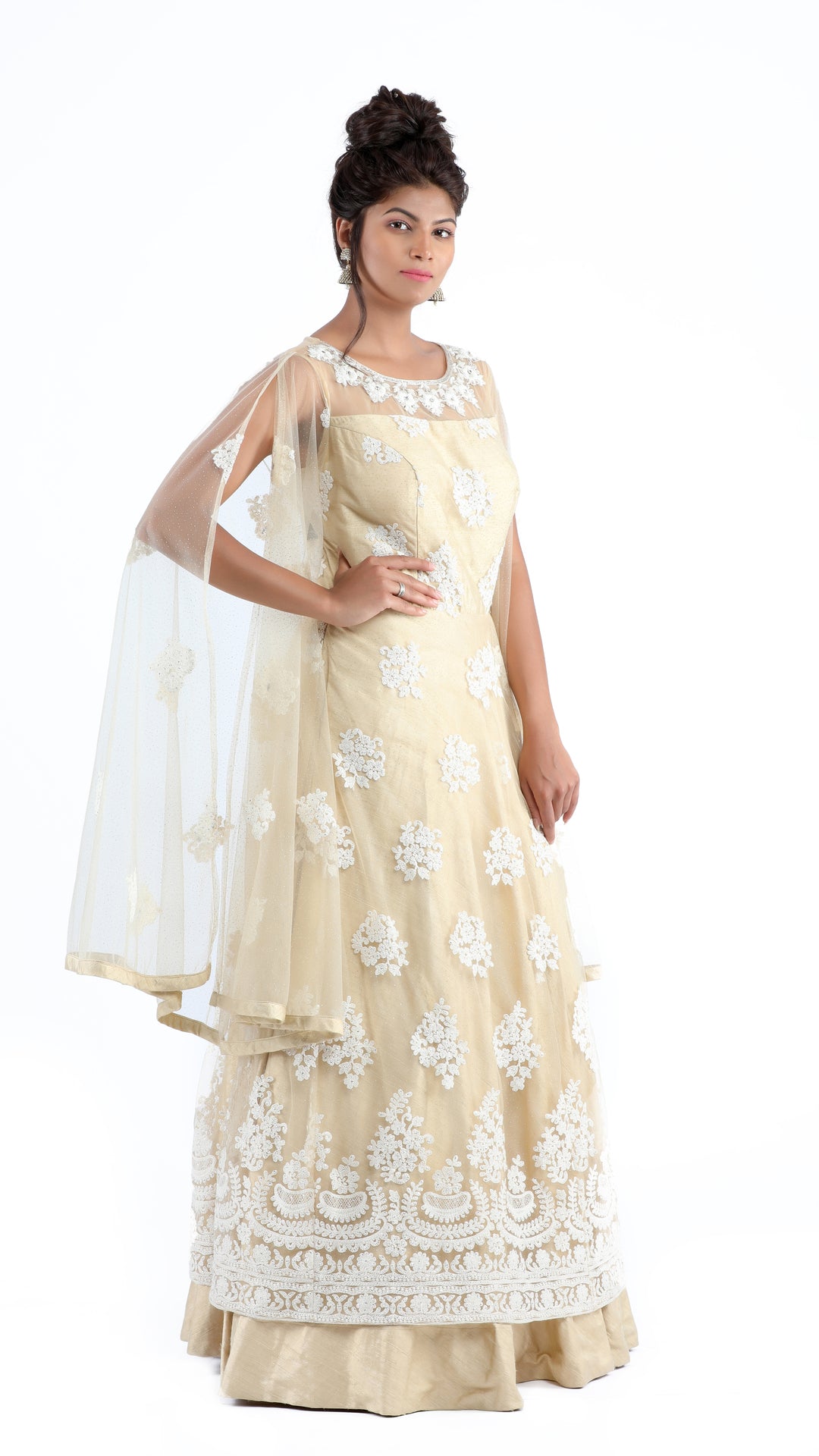 Meghna Cream Bell Sleeve Embroidery Dress