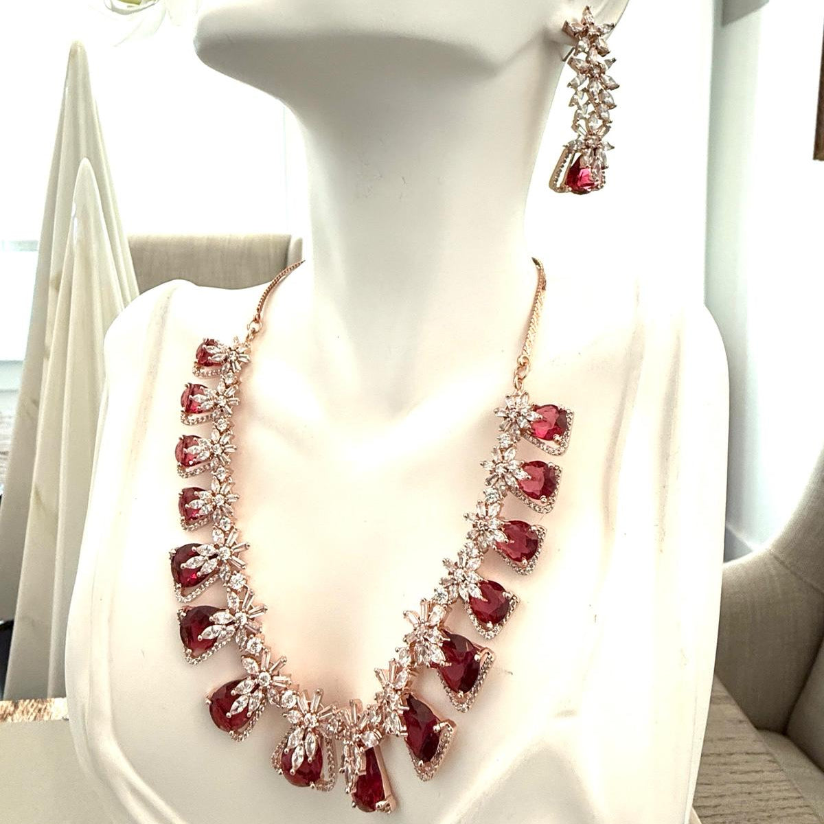Ruby Red Teardrop Stone Necklace & Earrings Set