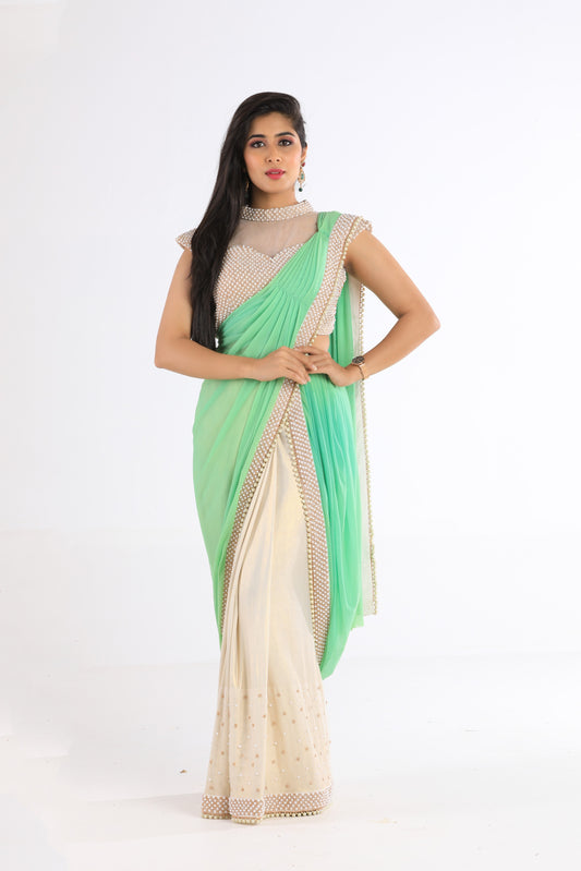 Zelina White and Green Saree